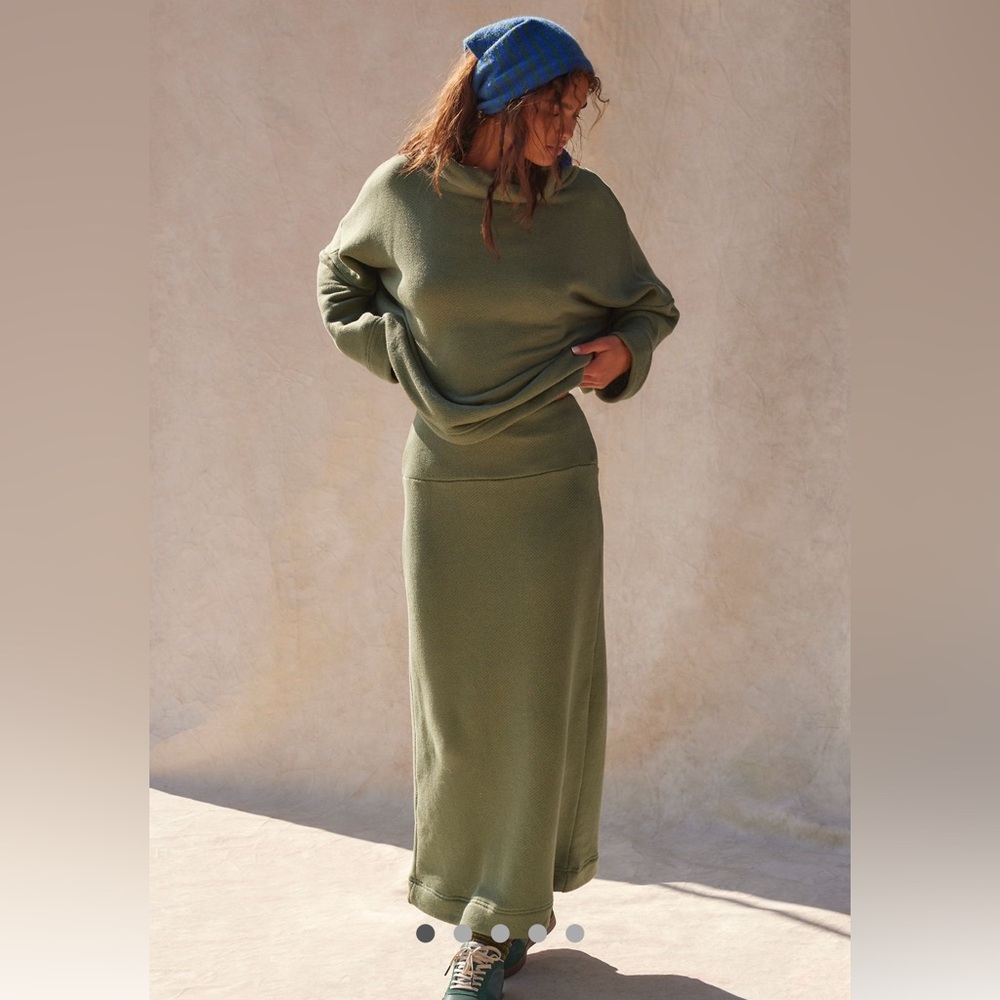 Free People Olive Green Cozy Knit Maxi Skirt and Sweatshirt Set